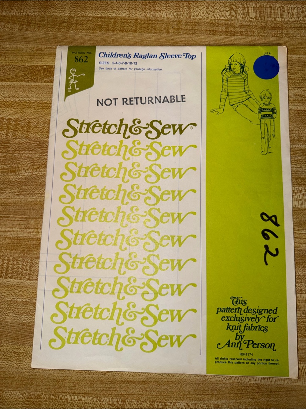 1974‎ Stretch & Sew Children's Raglan Sleeve Top Pattern - 862